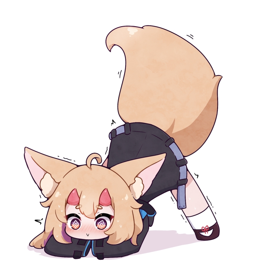 1girl, :>, @_@, ahoge, animal_ear_fluff, animal_ears, arknights, black_jacket, black_shoes, blush, chibi, closed_mouth, full_body, highres, hood, hood_down, hooded_jacket, horns, jack-o'_challenge, jacket, kurotofu, long_sleeves, meme, mochi-chan_(kurotofu), naga_u_(style), nose_blush, original, parody, purple_eyes, shadow, shoes, short_eyebrows, simple_background, sleeves_past_fingers, sleeves_past_wrists, socks, solo, style_parody, tail, thick_eyebrows, trembling, white_background, white_socks