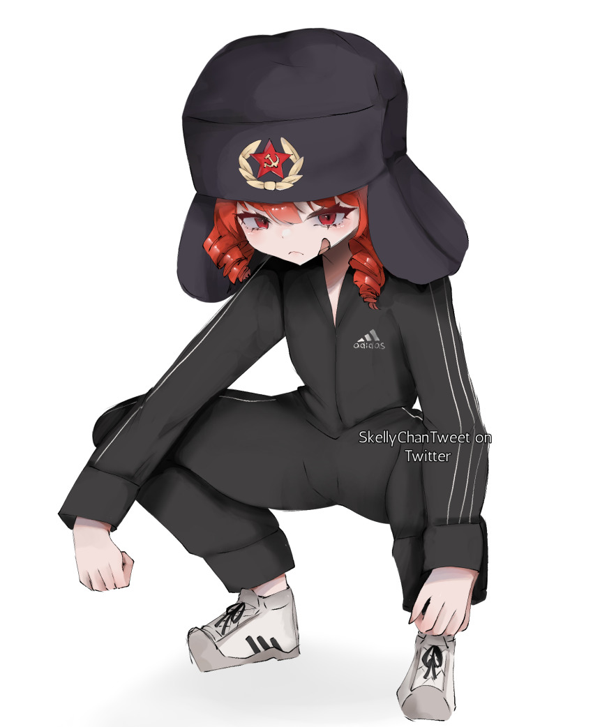 1girl, adidas, bandaid, bandaid_on_face, black_pants, blush, drill_hair, fur_hat, gopnik, hammer_and_sickle, hat, highres, jacket, kasane_teto, light_blush, long_sleeves, looking_at_viewer, pants, red_eyes, red_hair, red_star, shoes, skellychan, slav_squatting, sneakers, solo, squatting, star_(symbol), track_suit, twin_drills, twitter_username, ushanka, utau, white_background, white_shoes