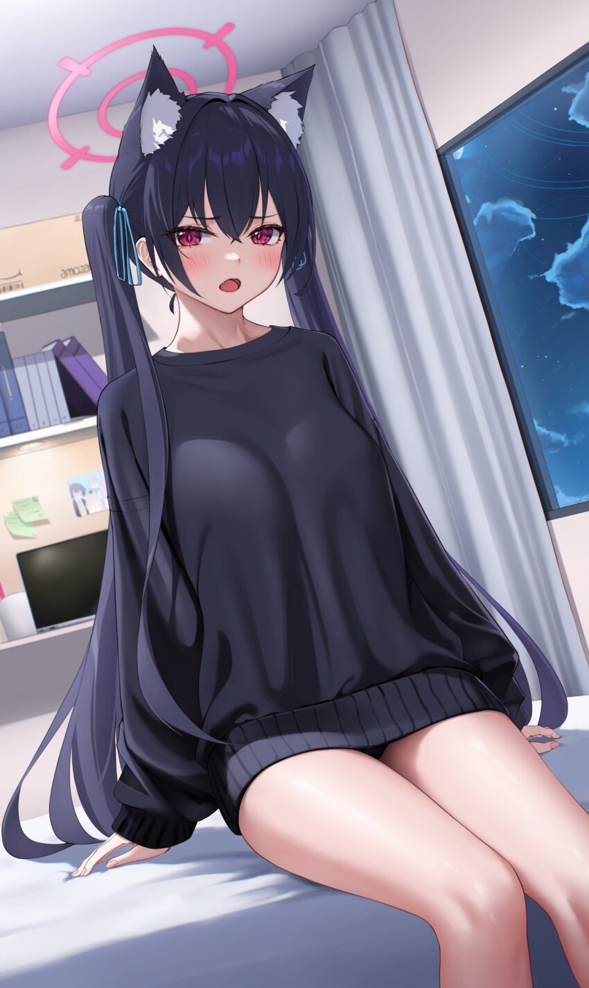 1girl, amazon_(company), animal_ear_fluff, animal_ears, ayane_(blue_archive), black_hair, black_shirt, blue_archive