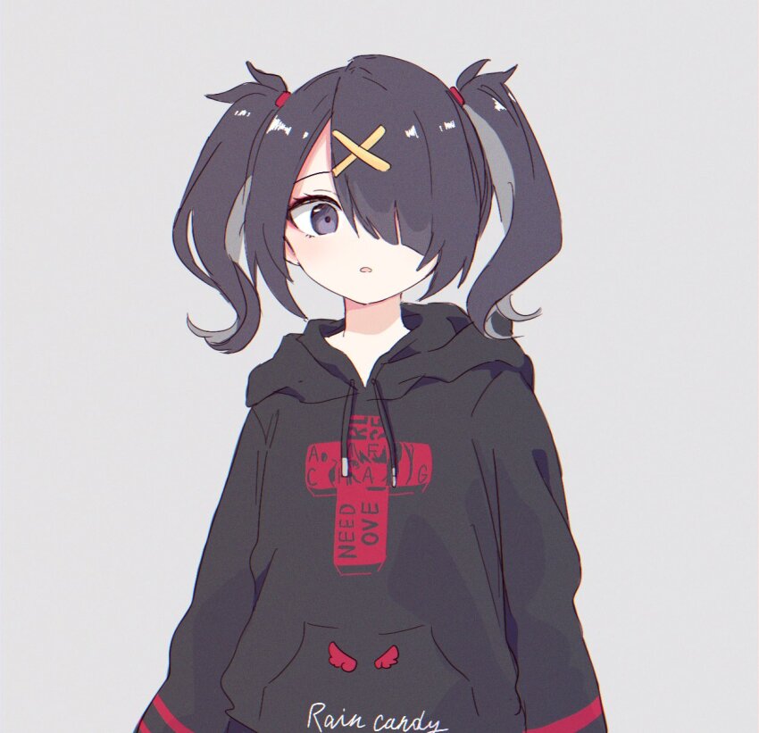 1girl, ame-chan_(needy_girl_overdose), black_hair, black_hoodie, commentary_request, cross, cross_print, drawstring
