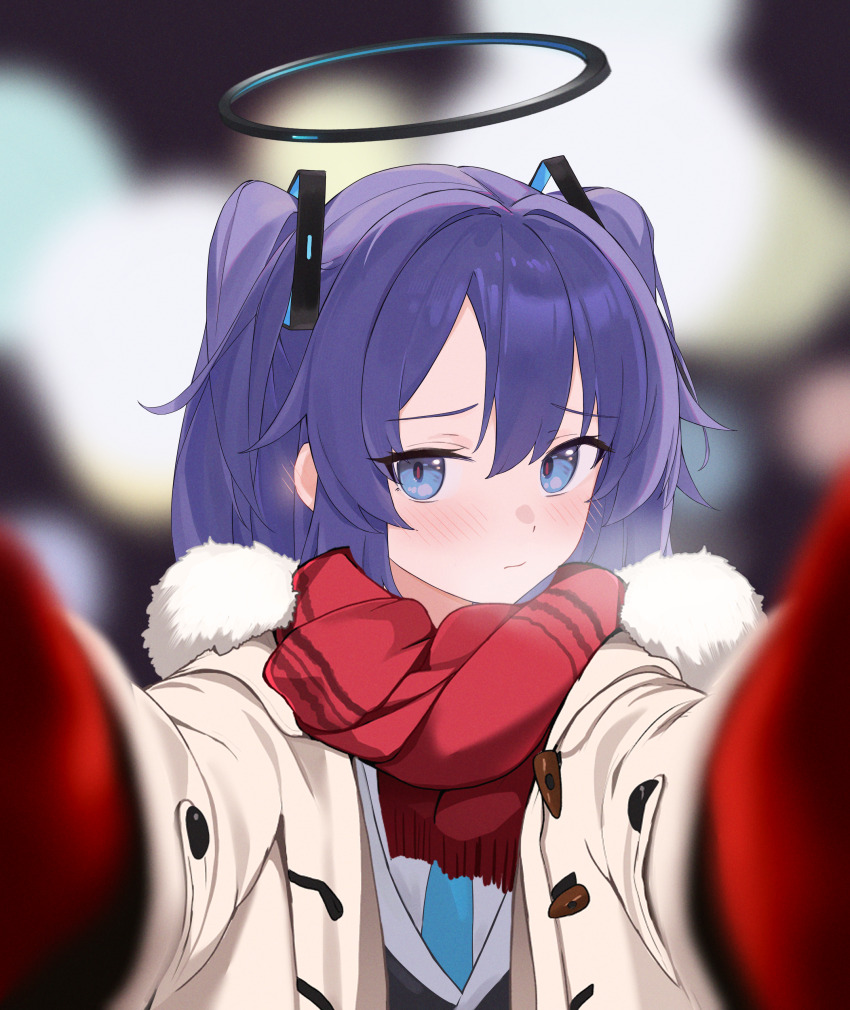 1girl, absurdres, blue_archive, blush, breath, closed_mouth, coat, commentary
