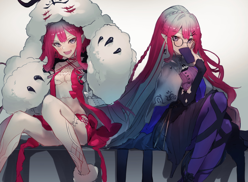 2girls, :d, absurdres, baobhan_sith_(fate), baobhan_sith_(swimsuit_pretender)_(first_ascension)_(fate), baobhan_sith_(swimsuit_pretender)_(second_ascension)_(fate), book, bow, breasts, cernunnos_(fate), character_hood, colored_inner_hair, dual_persona, earrings, fang, fate/grand_order, fate_(series), glasses, gradient_hair, hair_ornament, hairclip, headwear_with_attached_mittens, highres, holding, holding_book, jewelry, kamome_umitsuki, medium_breasts, multicolored_hair, multiple_girls, open_mouth, pantyhose, pointy_ears, purple_eyes, purple_pantyhose, red_bow, red_hair, sitting, skin_fang, small_breasts, smile, white_bow