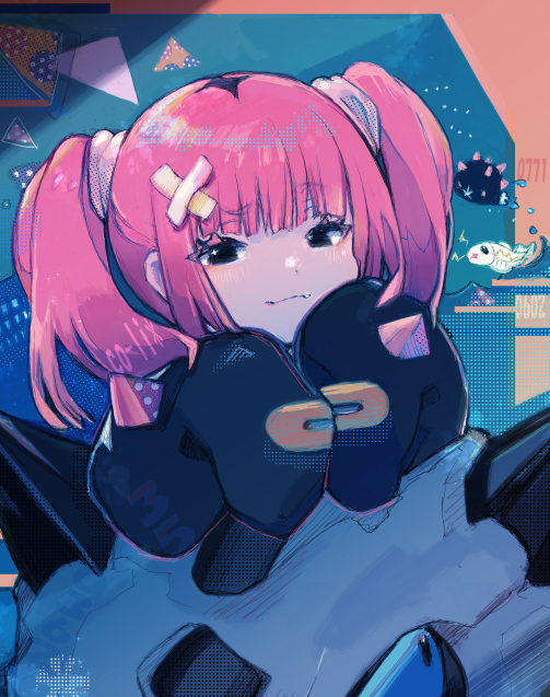 1girl, black_eyes, black_shirt, closed_mouth, commentary_request, coral_(pokemon), gen_3_pokemon, gen_5_pokemon, gen_7_pokemon, glalie, hair_ornament, long_sleeves, looking_at_viewer, nintendo, nru1k, pink_hair, pokemon, pokemon_(anime), pokemon_(creature), pokemon_horizons, pyukumuku, shirt, sleeves_past_fingers, sleeves_past_wrists, smile, twintails, tynamo