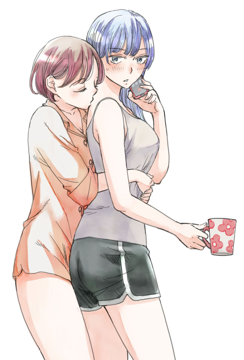 2girls, akiyama_haru, ass, black_shorts, blue_hair, breasts, brown_hair, cellphone