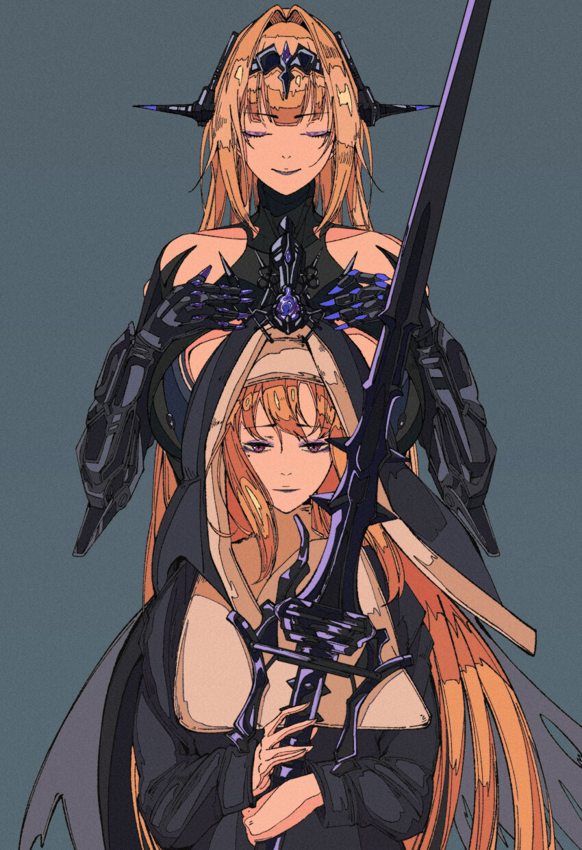 2girls, absurdres, bianca:_stigmata_(pgr), bianca_(npc)_(pgr), bianca_(pgr), black_dress, blonde_hair, blue_background