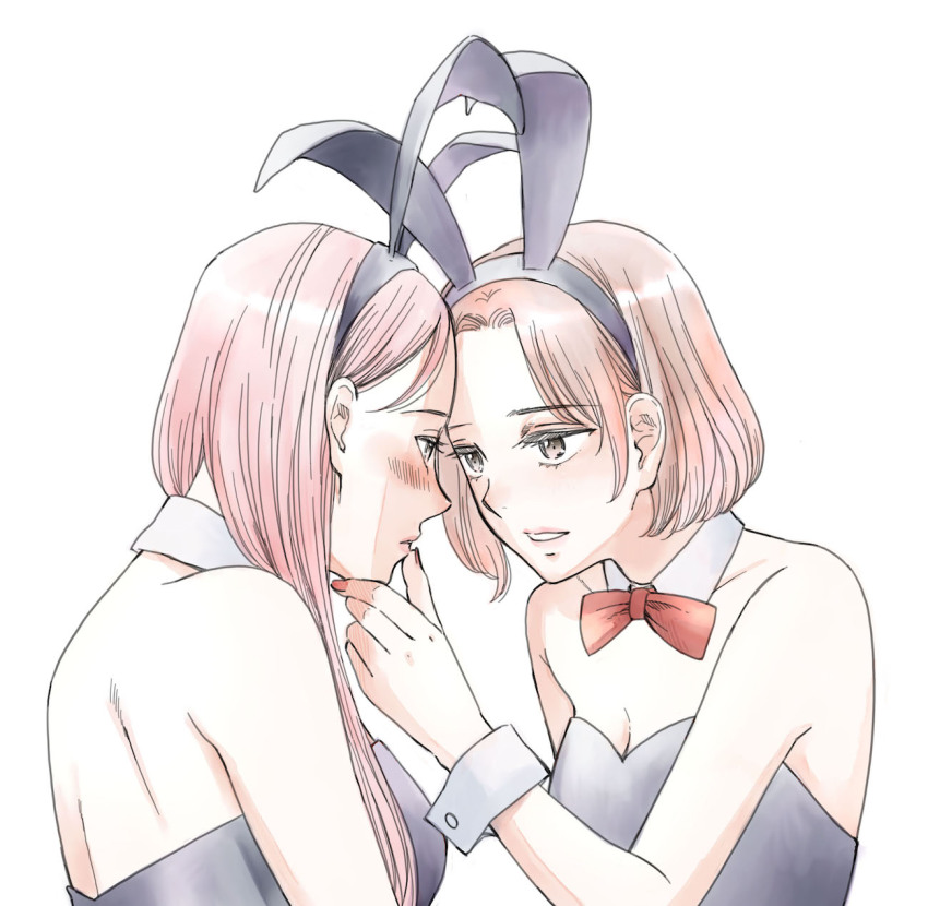 2girls, akiyama_haru, animal_ear_hairband, animal_ears, bare_shoulders, black_hairband, black_leotard, bow