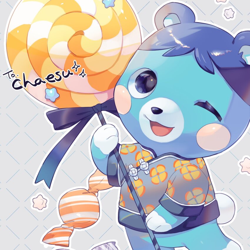 animal_crossing, animal_focus, bear, black_eyes, bluebear_(animal_crossing), candy, chinese_clothes, commission