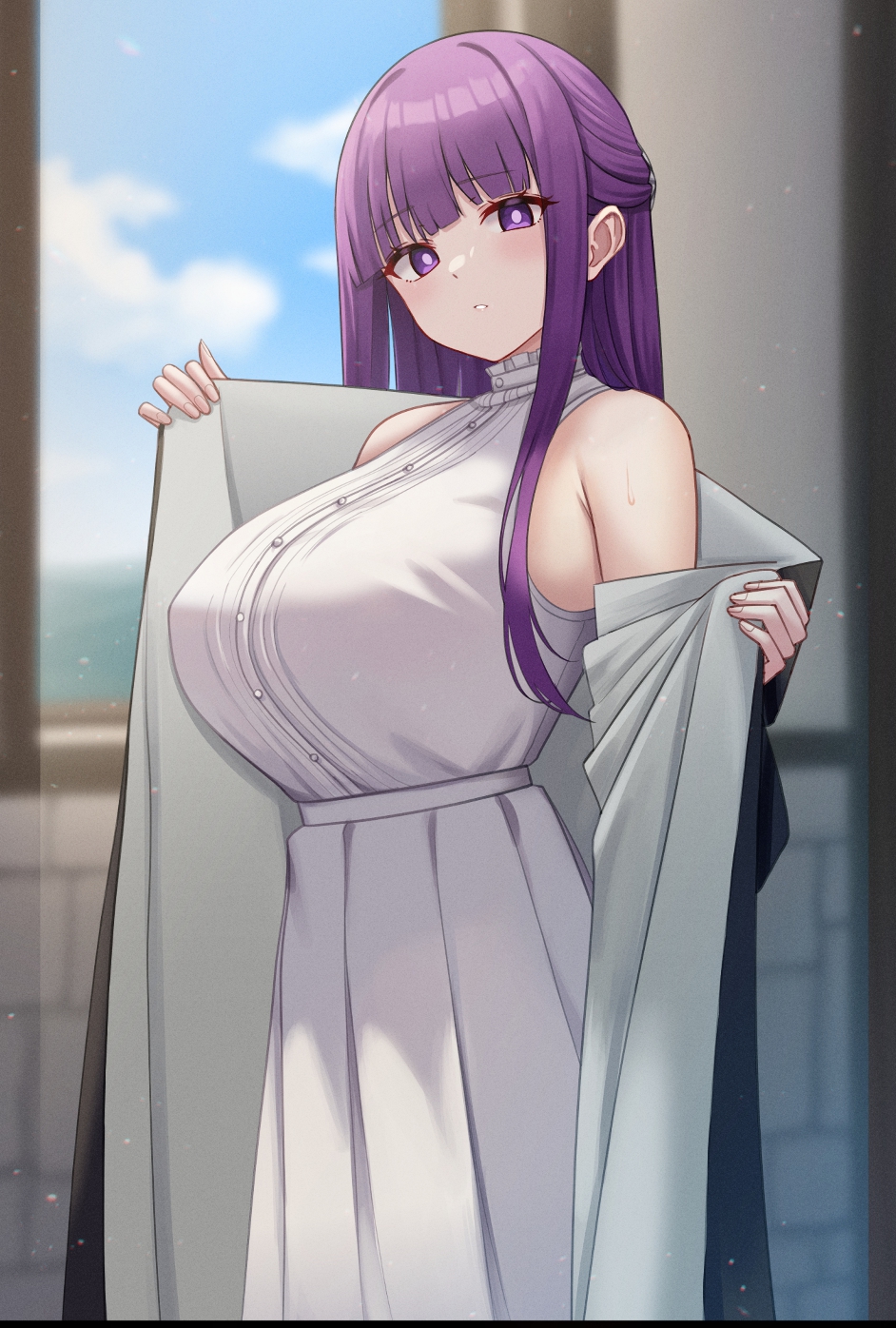 1girl, blush, breasts, bright_pupils, dress, fern_(sousou_no_frieren), half_updo, highres, huge_breasts, looking_at_viewer, mizikayo, outdoors, pleated_dress, purple_eyes, purple_hair, robe, sleeveless, sleeveless_dress, solo, sousou_no_frieren, two-sided_robe, undressing, white_dress, white_pupils