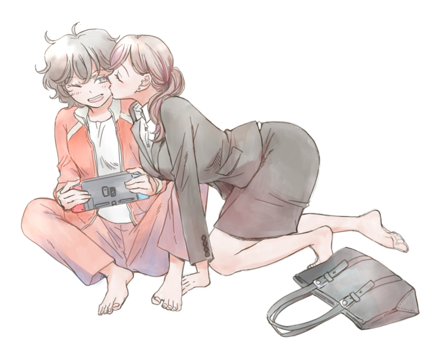 2girls, akiyama_haru, all_fours, androgynous, bag, barefoot, black_hair, breasts, brown_eyes, brown_hair, commentary_request, handbag, handheld_game_console, holding, holding_handheld_game_console, jacket, kiss, kissing_cheek, medium_breasts, medium_skirt, multiple_girls, nintendo_switch, office_lady, one_eye_closed, open_mouth, orange_jacket, orange_pants, original, pants, pencil_skirt, ponytail, short_hair, skirt, smile, tomboy, track_jacket, yuri