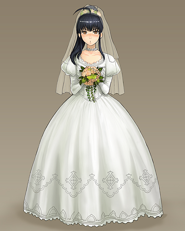 1girl, ahoge, black_hair, bouquet, bridal_veil, choker, dress, female_focus, flower, gender_request, genderswap, hair_ornament, hanta_ichigo, hunter_series, jewelry, kishiba_yuusuke, long_hair, mashiro_yuu, solo, veil, wedding_dress