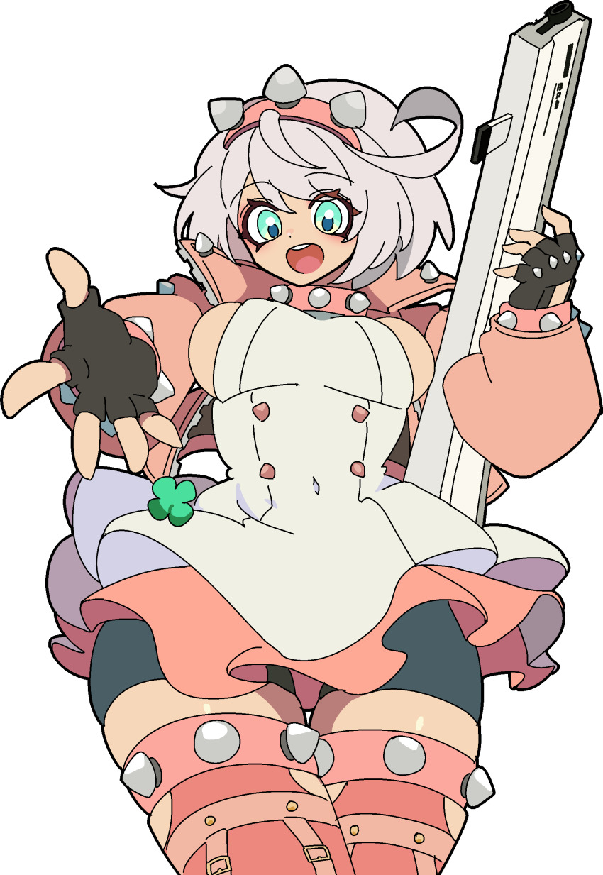 1girl, absurdres, ahoge, bike_shorts, black_gloves, black_shorts, boots, bracelet, breasts, collar, covered_navel, dress, elphelt_valentine, fingerless_gloves, gloves, green_eyes, guilty_gear, guilty_gear_strive, gun, hairband, highres, holding, holding_gun, holding_weapon, huge_ahoge, jacket, jewelry, kekeken, large_breasts, long_sleeves, looking_at_viewer, open_mouth, pink_boots, pink_jacket, short_hair, shorts, sideboob, smile, spiked_bracelet, spiked_collar, spiked_hairband, spikes, weapon, white_dress, white_hair