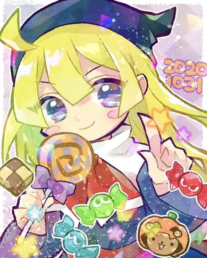 1girl, ahoge, blonde_hair, blue_eyes, blue_headwear, blue_robe, blush_stickers, border, candy, capelet, checkerboard_cookie, closed_mouth, cookie, dated, doradorakingyo, food, holding, holding_candy, holding_food, holding_lollipop, index_finger_raised, jack-o'-lantern, lollipop, long_hair, looking_at_viewer, paprisu_(puyopuyo), puyo_(puyopuyo), puyopuyo, puyopuyo_quest, red_ribbon, ribbon, robe, smile, solo, star_(symbol), swirl_lollipop, white_border, white_capelet, witch_(puyopuyo), wrapped_candy