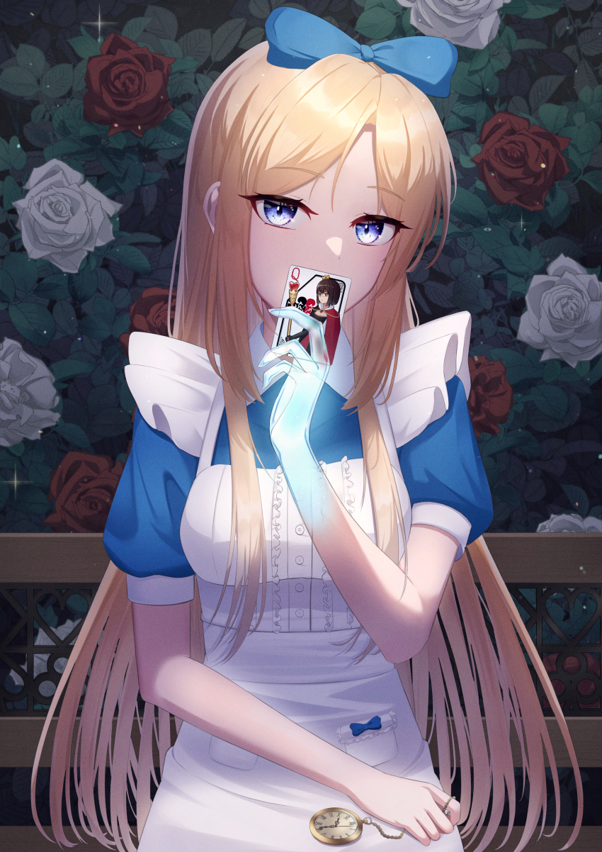 1girl, absurdres, alice_(alice_in_wonderland), alice_(alice_in_wonderland)_(cosplay), alice's_adventures_in_wonderland, blonde_hair, blue_eyes, blue_headwear, blue_ribbon, card, cosplay, hair_ribbon, highres, holding, holding_card, holding_pocket_watch, kamikoshi_sorawo, long_hair, looking_at_viewer, nishina_toriko, playing_card, pocket_watch, retyutyu_tyu, ribbon, solo, transparent_hand, urasekai_picnic, watch