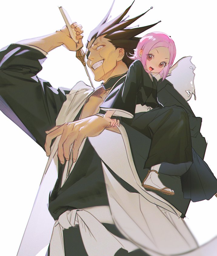 1boy, 1girl, black_hair, black_kimono, bleach, child, eyepatch, haori