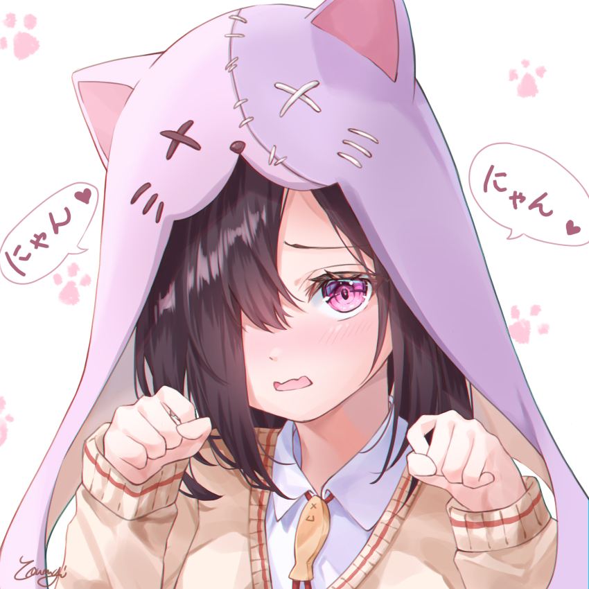 1girl, absurdres, animal_ear_headwear, animal_ears, animal_hood, black_hair, blush, cardigan