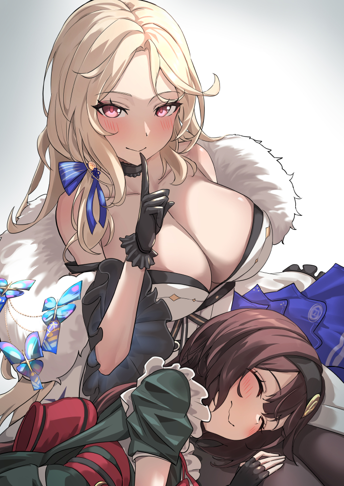 1girl, 2girls, apron, bare_shoulders, black_gloves, black_kimono, black_thighhighs, blonde_hair, blue_ribbon, blush, breasts, brown_hair, cleavage, closed_mouth, coat, collarbone, finger_to_mouth, frilled_apron, frills, fur-trimmed_coat, fur-trimmed_kimono, fur_trim, gloves, goddess_of_victory:_nikke, green_kimono, hair_ribbon, hatenoga, japanese_clothes, kimono, lap_pillow, large_breasts, long_hair, ludmilla_(nikke), ludmilla_(winter_owner)_(nikke), mica_(nikke), mica_(snow_buddy)_(nikke), multiple_girls, official_alternate_costume, parted_bangs, pink_eyes, ribbon, shushing, smile, solo, thighhighs, two-tone_kimono, white_kimono