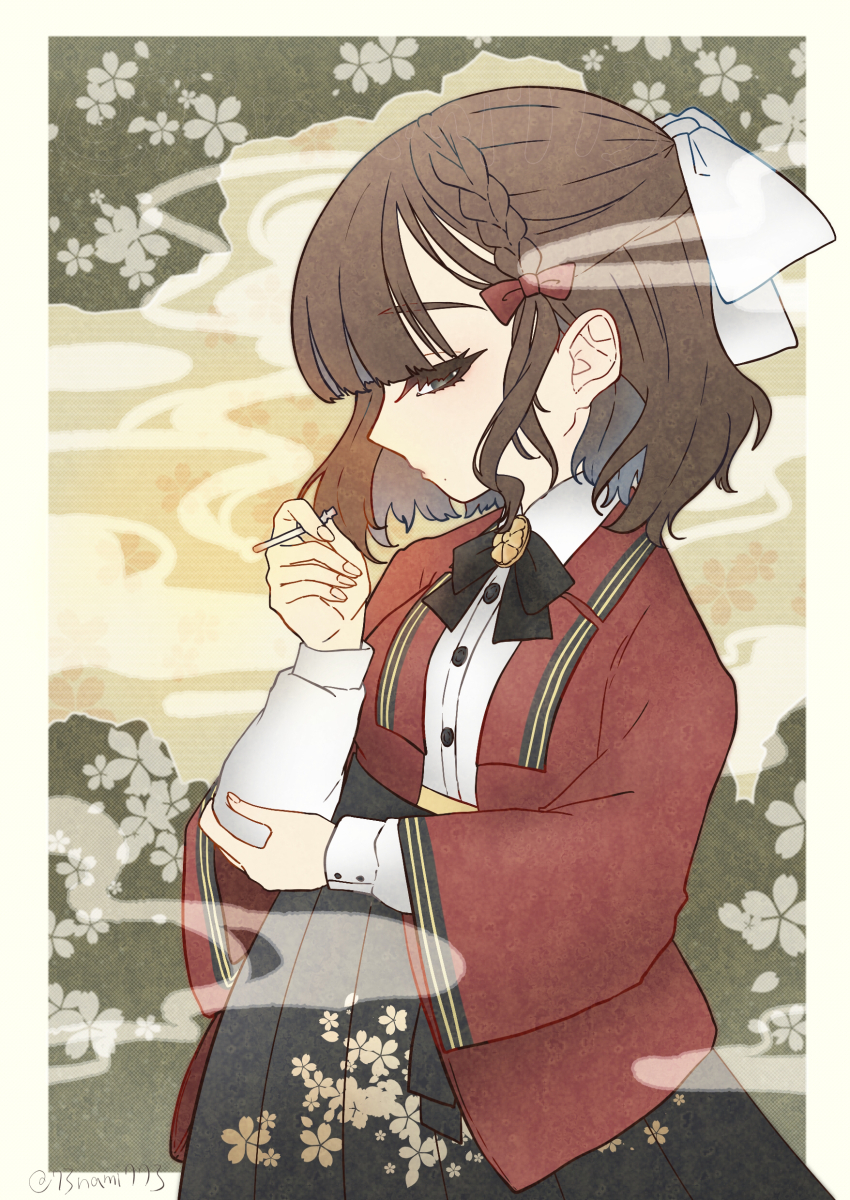 1girl, absurdres, asahi_(kancolle), black_hakama, braid, cigarette, coat, collared_shirt