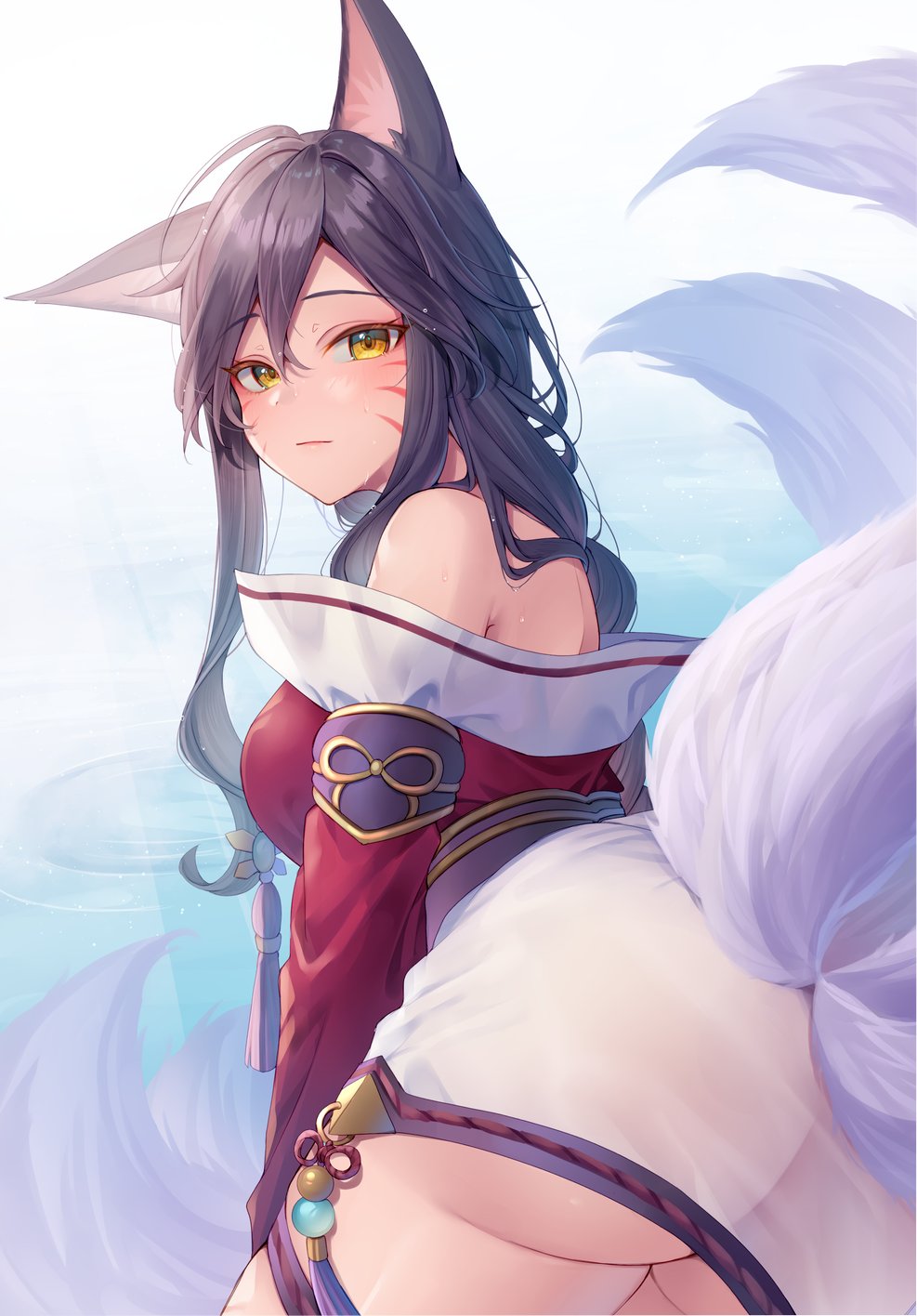 1girl, ahri_(league_of_legends), animal_ears, ass, bare_shoulders, black_hair, blush, closed_mouth