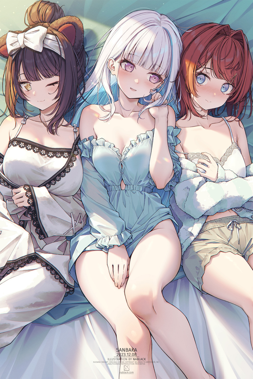 3girls, ange_katrina, ange_katrina_(lab_coat), animal_ears, artist_name, bare_shoulders, bed_sheet, blue_eyes, blue_hair, blue_pajamas, blunt_bangs, blush, bow, breasts, brown_pants, button_gap, camisole, cleavage, collarbone, colored_inner_hair, dog_ears, dolphin_shorts, feet_out_of_frame, flat_chest, frilled_pajamas, frills, group_name, hair_intakes, hair_ornament, hairclip, highres, inui_toko, inui_toko_(loungewear), kuro-kun_(nablack), large_breasts, lize_helesta, looking_at_another, looking_at_viewer, lying, medium_breasts, multicolored_hair, multiple_girls, nijisanji, on_back, one_eye_closed, pajamas, pants, parted_bangs, parted_lips, purple_eyes, red_hair, sanbaka_(nijisanji), short_hair, shorts, sidelocks, smile, swept_bangs, thighs, virtual_youtuber, white_bow, white_hair, white_pajamas, white_pants, yellow_eyes