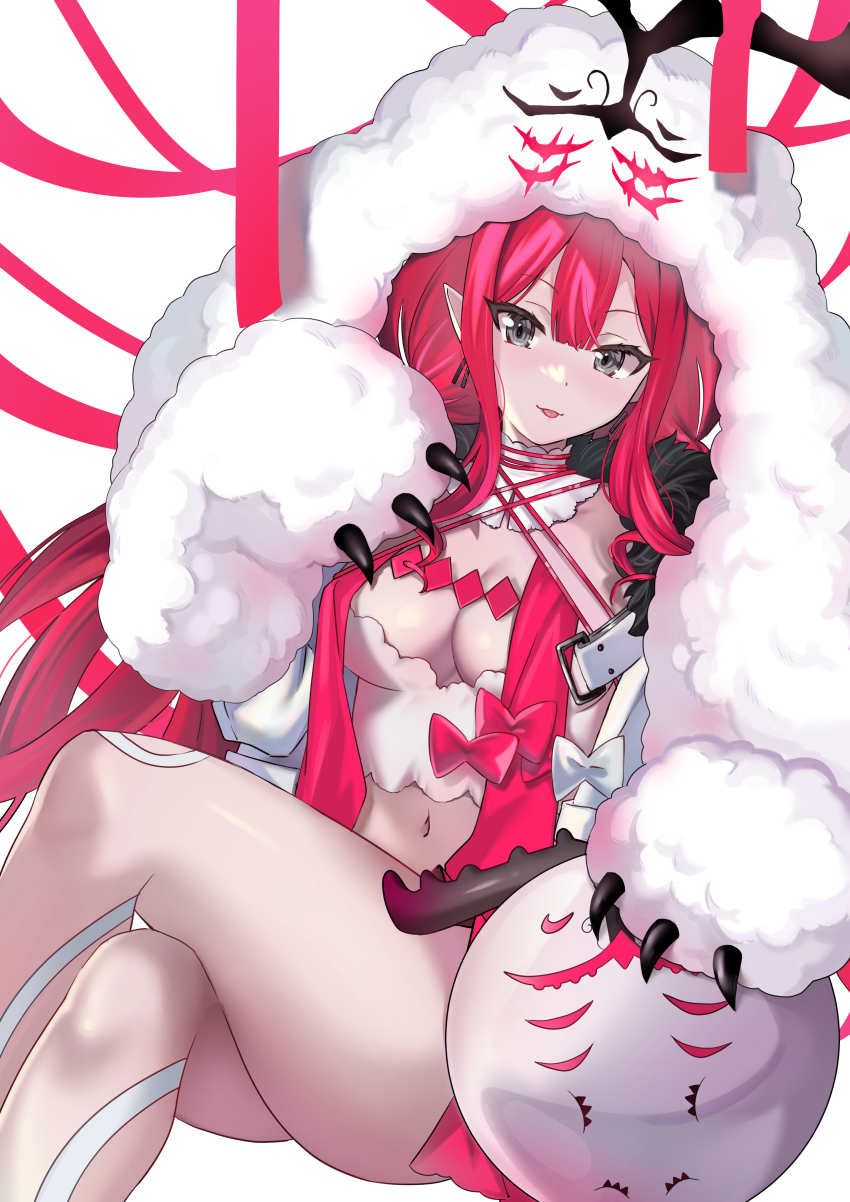 1girl, absurdres, ball, baobhan_sith_(fate), baobhan_sith_(swimsuit_pretender)_(first_ascension)_(fate), bow, breasts, character_hood, cleavage, crossed_legs, earrings, fate/grand_order, fate_(series), grey_eyes, headwear_with_attached_mittens, highres, jewelry, large_breasts, looking_at_viewer, medium_breasts, mikon, navel, pointy_ears, red_bow, red_hair, red_ribbon, ribbon, simple_background, solo, tongue, tongue_out, white_background, white_bow