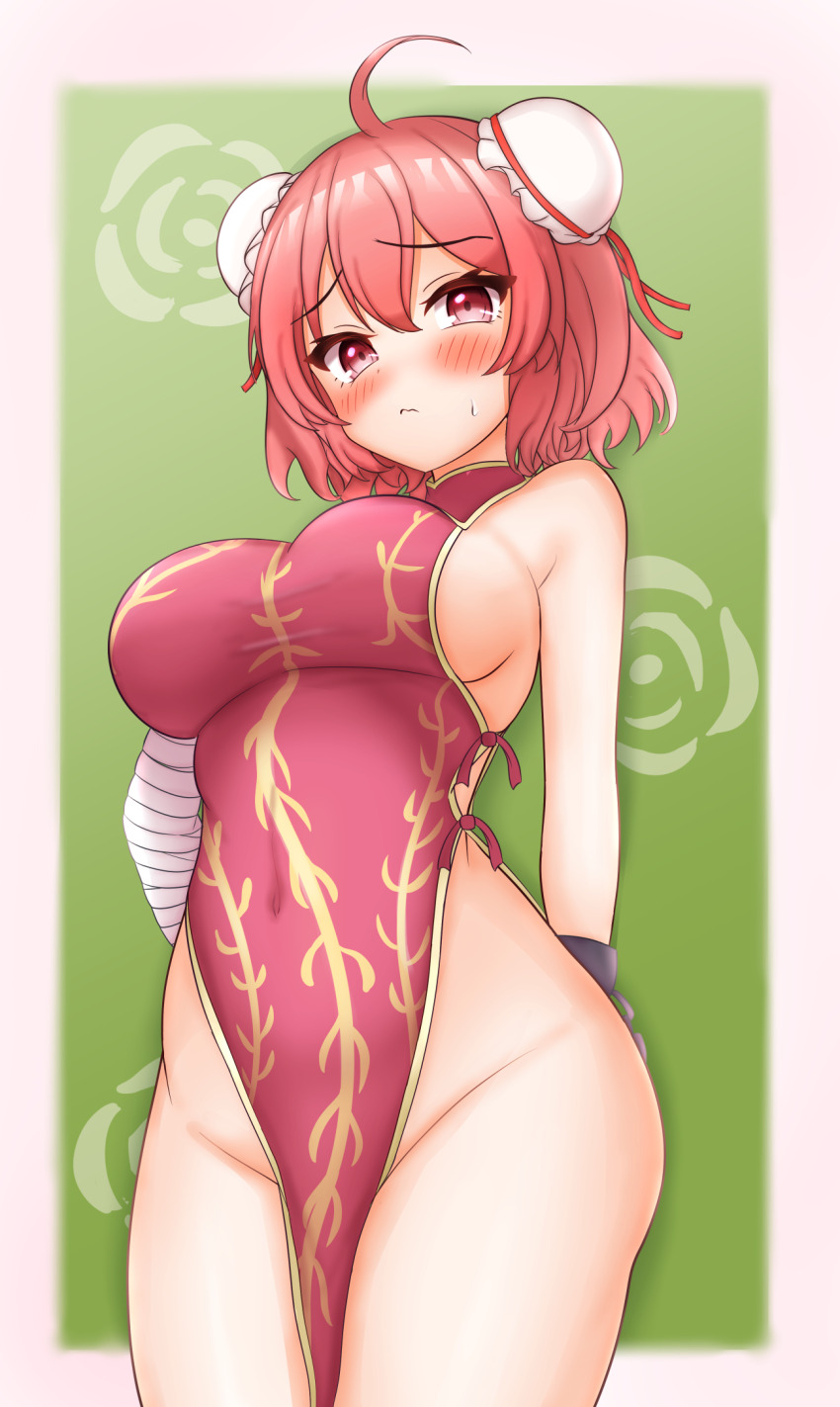 1girl, ahoge, arm_behind_back, bandaged_arm, bandages, blush, breasts, bun_cover