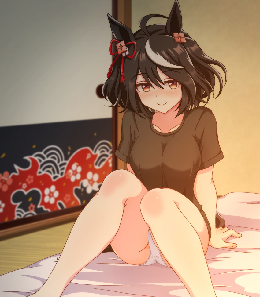 1girl, animal_ears, blurry, blurry_background, blush, breasts, casual, cleavage, collarbone, commentary_request, commission, door, futon, hair_ornament, highres, horse_ears, jacket, kitasan_black_(umamusume), looking_at_viewer, medium_breasts, medium_hair, panties, pillow, red_eyes, shiodanx, short_hair, shorts, sitting, skeb_commission, smile, solo, umamusume, underwear