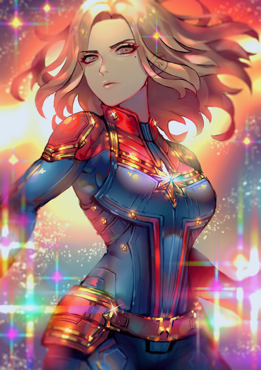 1girl, absurdres, belt, blonde_hair, blue_bodysuit, bodysuit, breasts, brown_belt