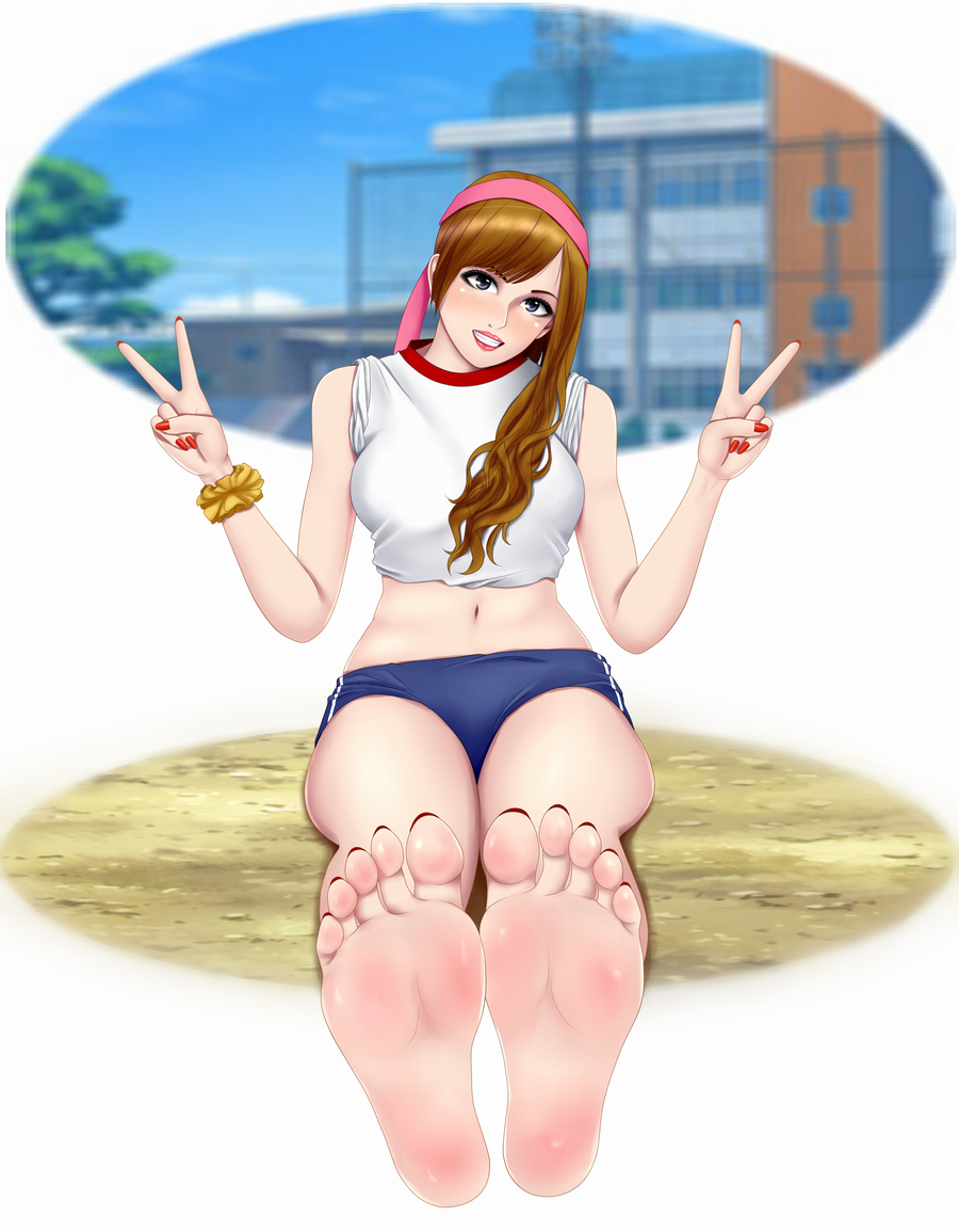 1girl, barefoot, black_eyes, brown_hair, double_v, feet, grin, gym_uniform, headband, lips, long_hair, looking_at_viewer, nail_polish, navel, poo_(artist), smile, soles, toes, v