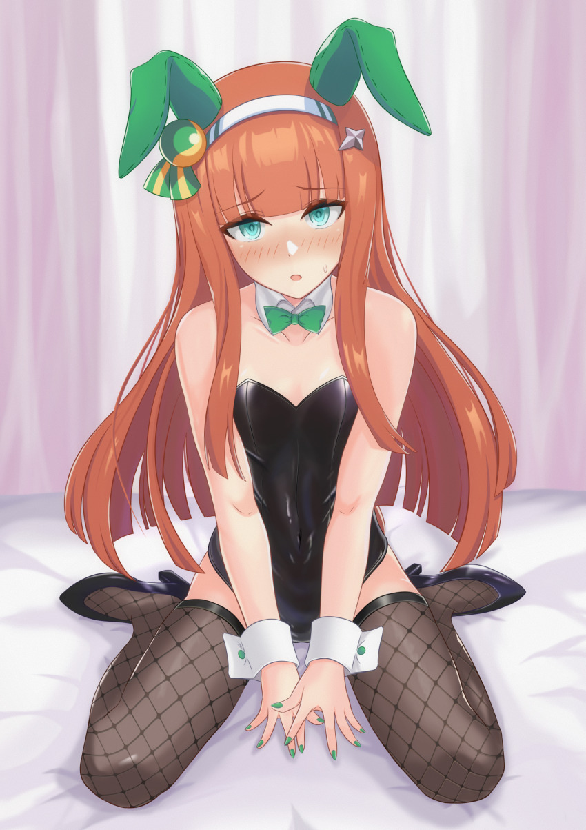 1girl, animal_ears, bare_shoulders, bed, black_leotard, black_shoes, black_thighhighs, blue_eyes