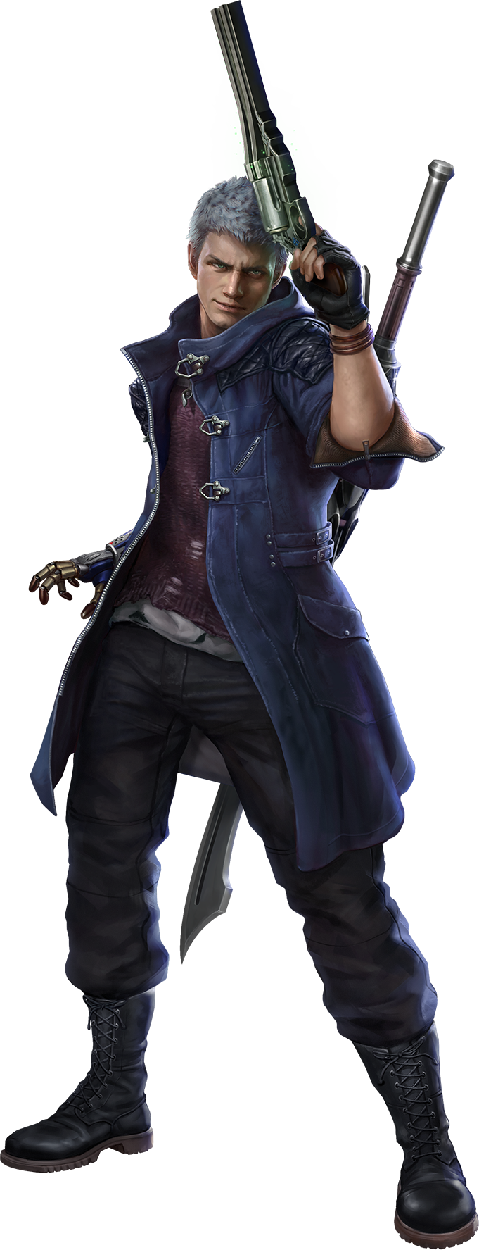 black_pants, black_shoe, blue_jacket, blue_rose_(gun), devil_breaker, devil_may_cry_(series), devil_may_cry_5, green_eyes