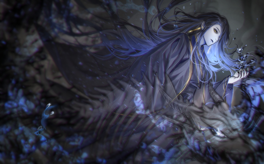 1boy, black_background, black_hair, blurry, bone, bubble, chinese_clothes, depth_of_field