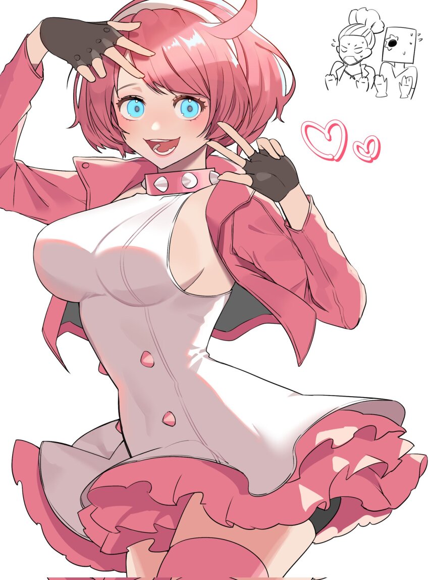 1girl, 2boys, ahoge, aqua_eyes, black_gloves, blue_eyes, boots, bracelet