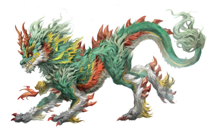 animal_focus, bell, body_fur, chinese_commentary, claws, clenched_teeth, commentary_request, foo_dog