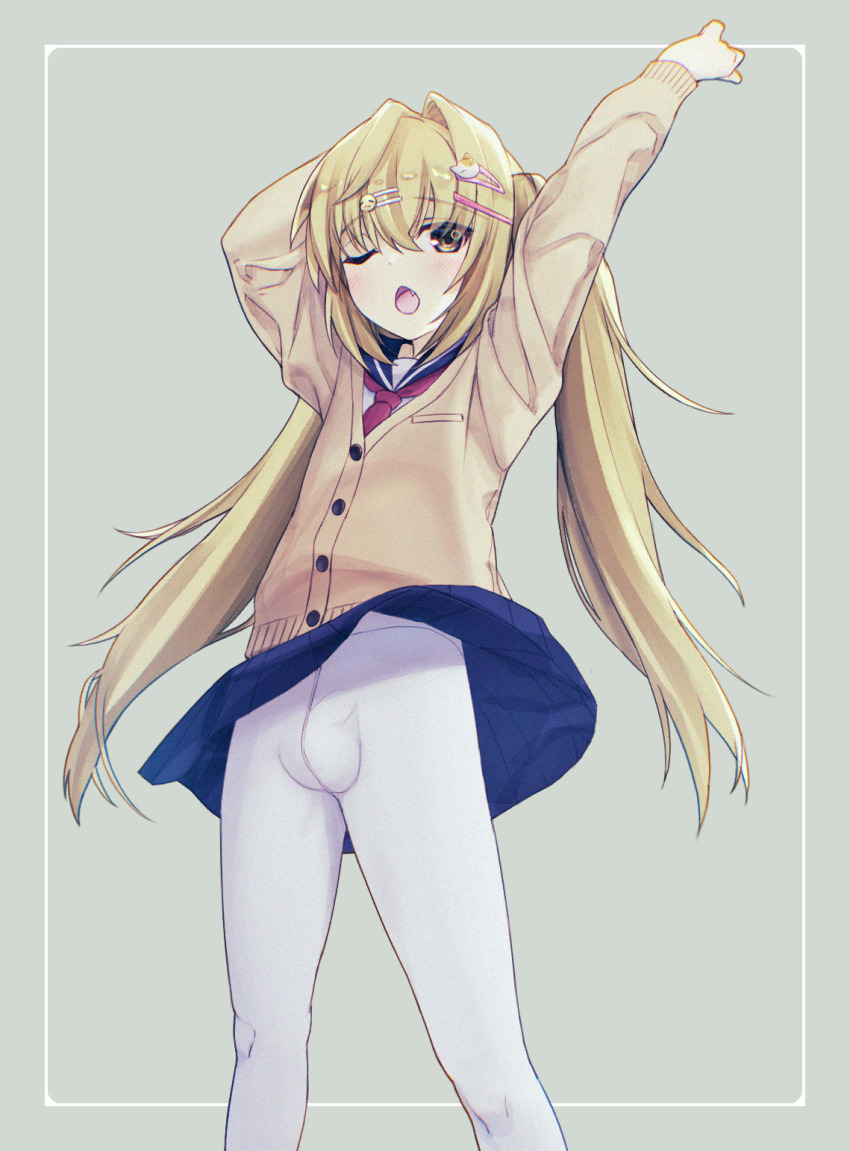 1boy, arms_up, blonde_hair, blue_sailor_collar, blue_skirt, blush, brown_cardigan, brown_eyes, bulge, cardigan, cat_hair_ornament, clothes_lift, commentary_request, eyes_visible_through_hair, fang, feet_out_of_frame, from_below, hair_between_eyes, hair_ornament, hairclip, highres, long_hair, long_sleeves, looking_at_viewer, male_focus, miniskirt, natsuoto_rito, neckerchief, one_eye_closed, open_mouth, original, pantyhose, red_neckerchief, sailor_collar, school_uniform, serafuku, skirt, skirt_lift, solo, standing, stretching, trap, twintails, very_long_hair, white_pantyhose, wind, wind_lift, yawning