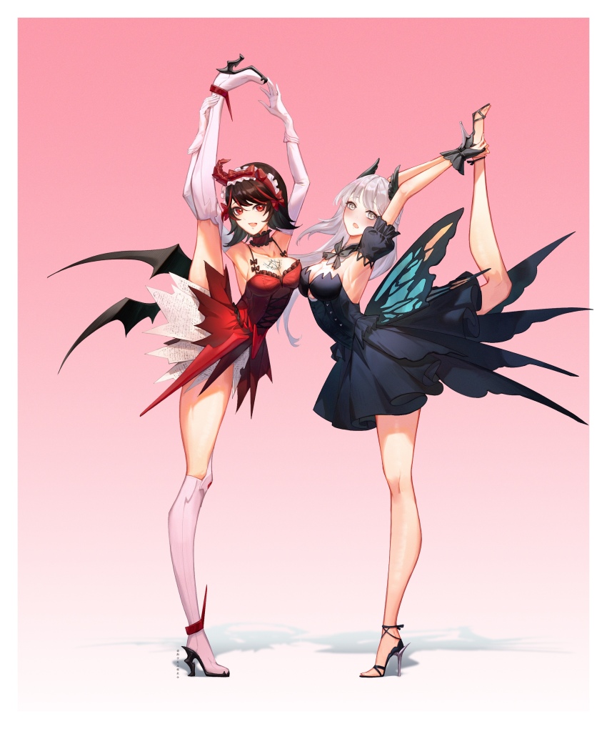 2girls, absurdres, armpits, bare_legs, bare_shoulders, black_bow, black_bowtie, black_dress