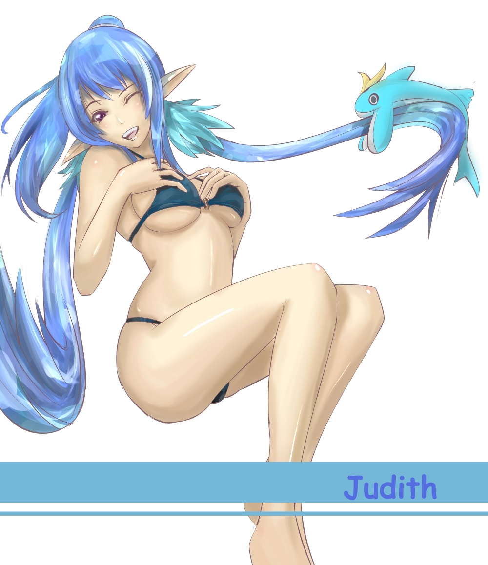 00s, 1girl, bad_id, bad_pixiv_id, baul_(tales), bikini, black_bikini, blue_hair