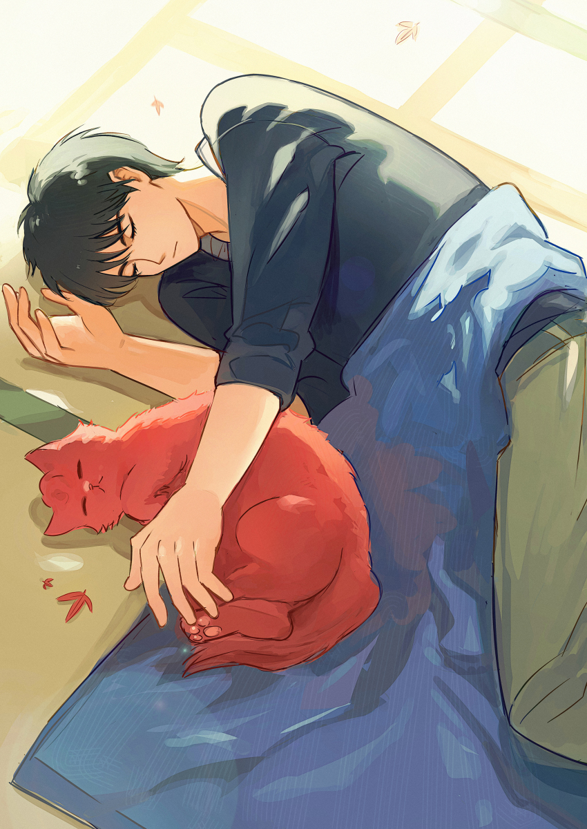 1boy, 1other, absurdres, animal, animal_hug, black_eyes, black_hair, black_sweater