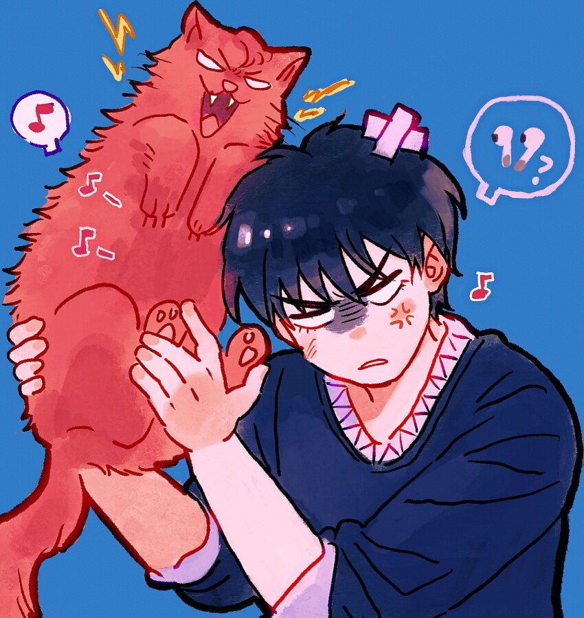 1boy, 1other, ?, anger_vein, angry, animal, bandaid, bandaid_on_head