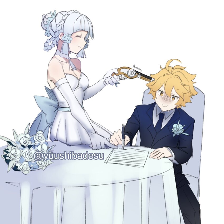 1boy, 1girl, aether_(genshin_impact), ahoge, ayaka_(genshin_impact), black_necktie, black_suit, blonde_hair, dress, flower, formal_clothes, genshin_impact, gloves, gun, handgun, hetero, highres, holding, holding_gun, holding_weapon, marriage_certificate, marriage_certificate_(object), meme, necktie, pen, probably_the_only_way_i'd_get_married_(meme), smile, suit, sweatdrop, table, threat, threatening, twitter_username, weapon, wedding_dress, wheellock, white_background, white_gloves, white_hair, yandere, yellow_eyes, yuushiba