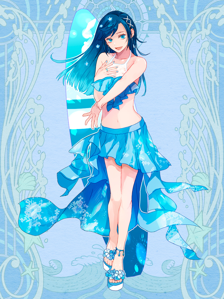 1girl, :d, aoi_fujimiya, bare_arms, bare_legs, bare_shoulders, blue_background, blue_eyes, blue_hair, blue_skirt, dairoku_ryouhei, earrings, flower, full_body, gradient_hair, hair_flower, hair_ornament, hand_up, haze_(tw), jewelry, legs, long_hair, multicolored_hair, navel, open_mouth, ring, sandals, skirt, smile, solo, surfboard, toes, x_hair_ornament