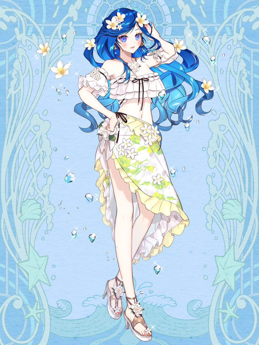 1girl, anklet, aoi_fujimiya, bead_anklet, beads, blue_background, blue_eyes, blush, dairoku_ryouhei, detached_sleeves, earrings, floral_print, flower, full_body, hair_flower, hair_ornament, hand_on_own_head, hand_up, high_heel_sandals, high_heels, highres, jewelry, long_hair, looking_at_viewer, navel, necklace, platform_sandals, red_nails, sandals, shichimi, smile, solo, standing, toeless_legwear, very_long_hair, water_drop, white_sandals