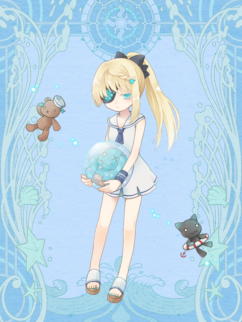 1girl, black_bow, blonde_hair, blue_eyes, blue_nails, bow, braid, dairoku_ryouhei, dress, eyepatch, flower, flower_over_eye, full_body, hair_bow, hair_ornament, hairclip, hat, holding, holding_stuffed_toy, innertube, long_hair, looking_at_viewer, lucy_bluebell, ponytail, sailor_collar, sailor_dress, sailor_hat, sandals, solo, stuffed_animal, stuffed_cat, stuffed_toy, swim_ring, teddy_bear, white_dress, white_sailor_collar, wristband, yume_eyes_(tw)