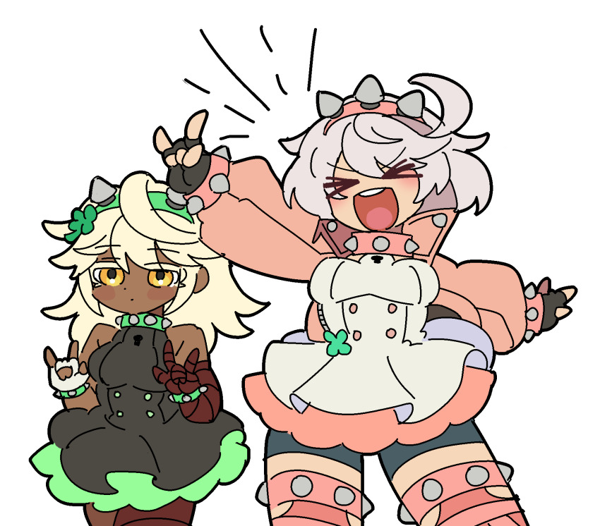 >_<, 2girls, \m/, ahoge, bandaged_arm, bandaged_leg, bandages, bracelet, clover, dark-skinned_female, dark_skin, dress, elphelt_valentine, fingerless_gloves, four-leaf_clover, gloves, guilty_gear, guilty_gear_strive, hairband, highres, jewelry, kekeken, multiple_girls, open_mouth, ramlethal_valentine, short_dress, short_hair, smile, spiked_bracelet, spiked_hairband, spikes, teeth, upper_teeth_only, yellow_eyes