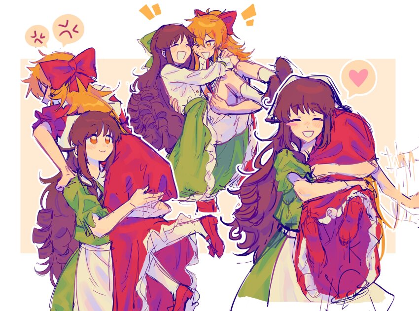 2girls, :d, ;d, ^_^, absurdres, anger_vein, angry, apron