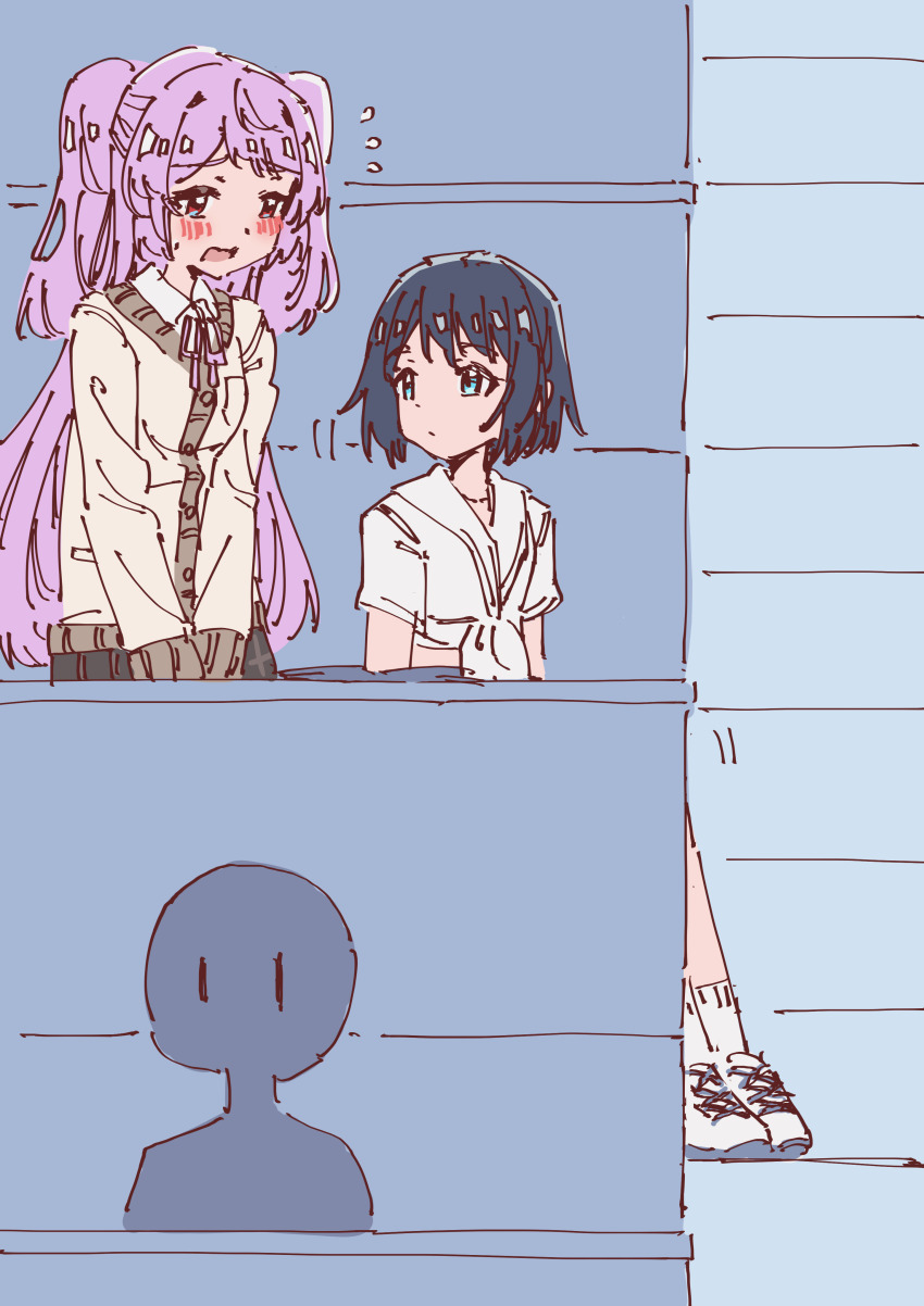 absurdres, blue_eyes, blue_hair, blush, bob_cut, book, cardigan, classroom