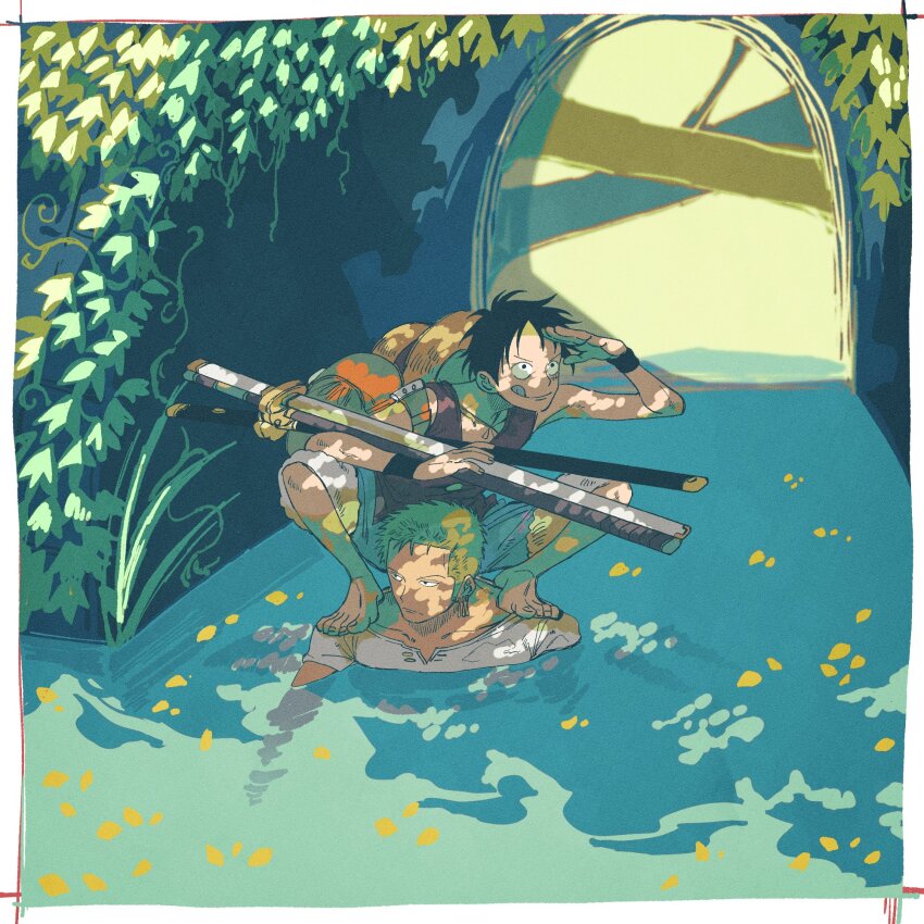 2boys, backpack, bag, barefoot, blue_shorts, earrings, green_hair, highres, holding, holding_sword, holding_weapon, jewelry, living_(nsiring), monkey_d._luffy, multiple_boys, on_shoulder, one_piece, partially_submerged, person_on_shoulder, plant, red_vest, riding, river, roronoa_zoro, shirt, shorts, sword, vest, vines, water, weapon, white_shirt, wristband