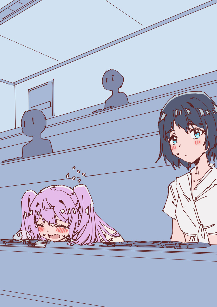 absurdres, blue_eyes, blue_hair, blush, bob_cut, book, cardigan, classroom