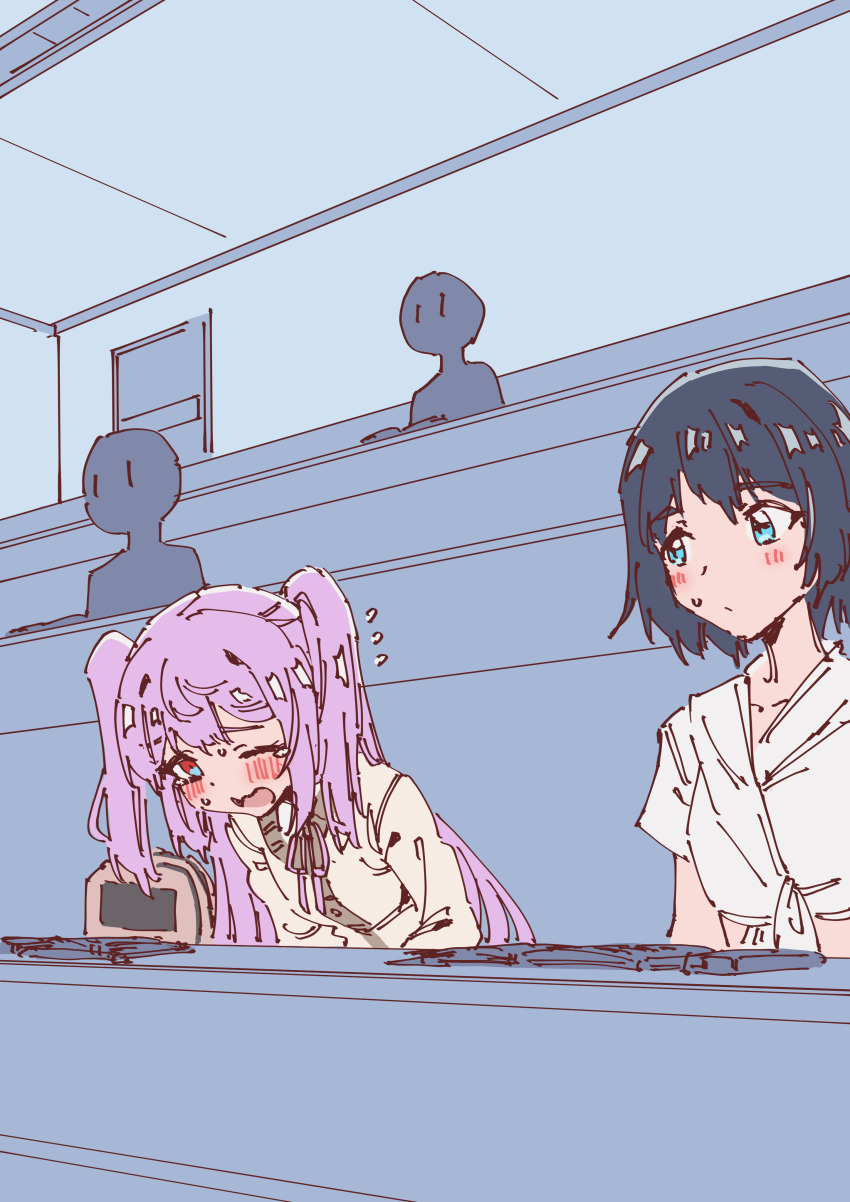 absurdres, backpack, bag, blue_eyes, blue_hair, blush, bob_cut, book