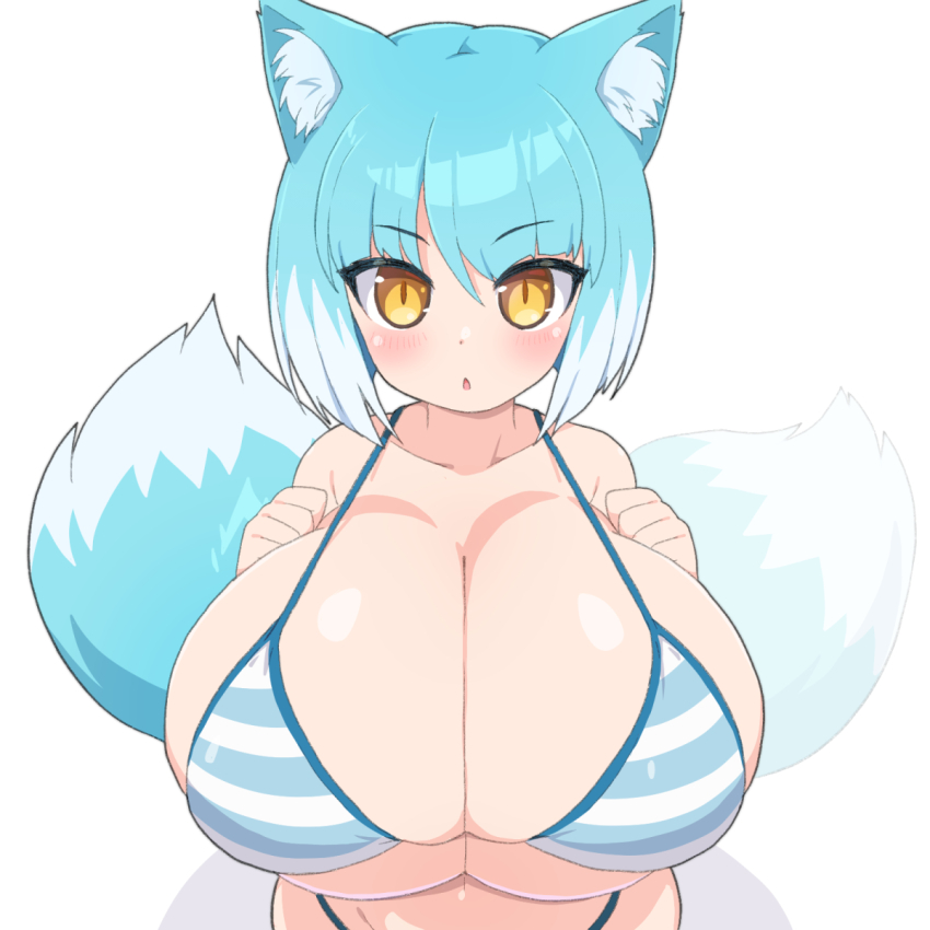 animal_ear_fluff, animal_ears, aqua_hair, asagi_(bombergirl), bikini, blush, bob_cut, bomber_girl_(1993_manga), bombergirl, breast_suppress, breasts, chestnut_mouth, cleavage, highres, huge_breasts, oppai_loli, shirogane_hakuba, short_hair, slit_pupils, striped_bikini, striped_clothes, swimsuit, tail, wolf_ears, wolf_girl, wolf_tail, yellow_eyes