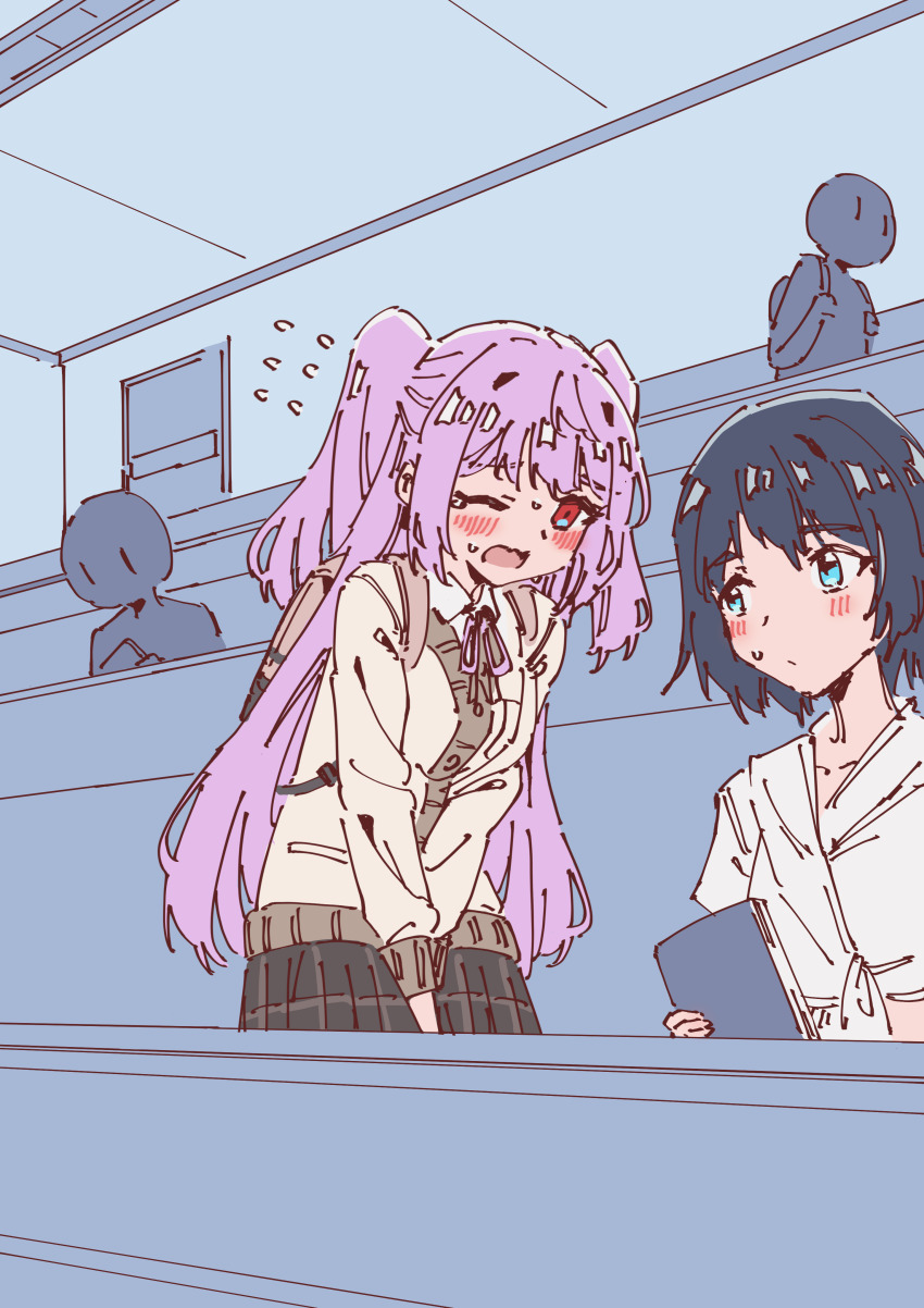 absurdres, backpack, bag, between_legs, blue_hair, blush, bob_cut, book, cardigan, classroom, crop_top, dark_blue_hair, flying_sweatdrops, hand_between_legs, have_to_pee, highres, long_hair, midriff_peek, neck_ribbon, one_eye_closed, original, pink_hair, ribbon, rita_(rune_(dualhart)), rune_(dualhart), school_uniform, thalia_(rune_(dualhart)), two_side_up